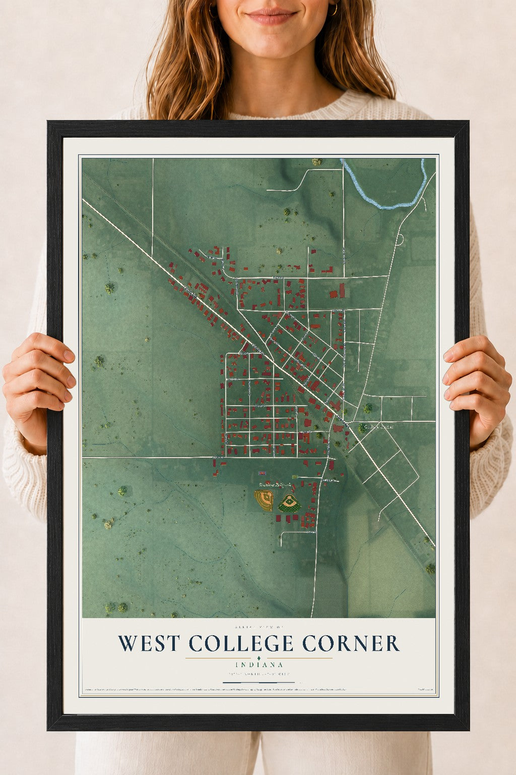 Map of West College Corner, Indiana, 18 x 24 inch print in a black wood frame