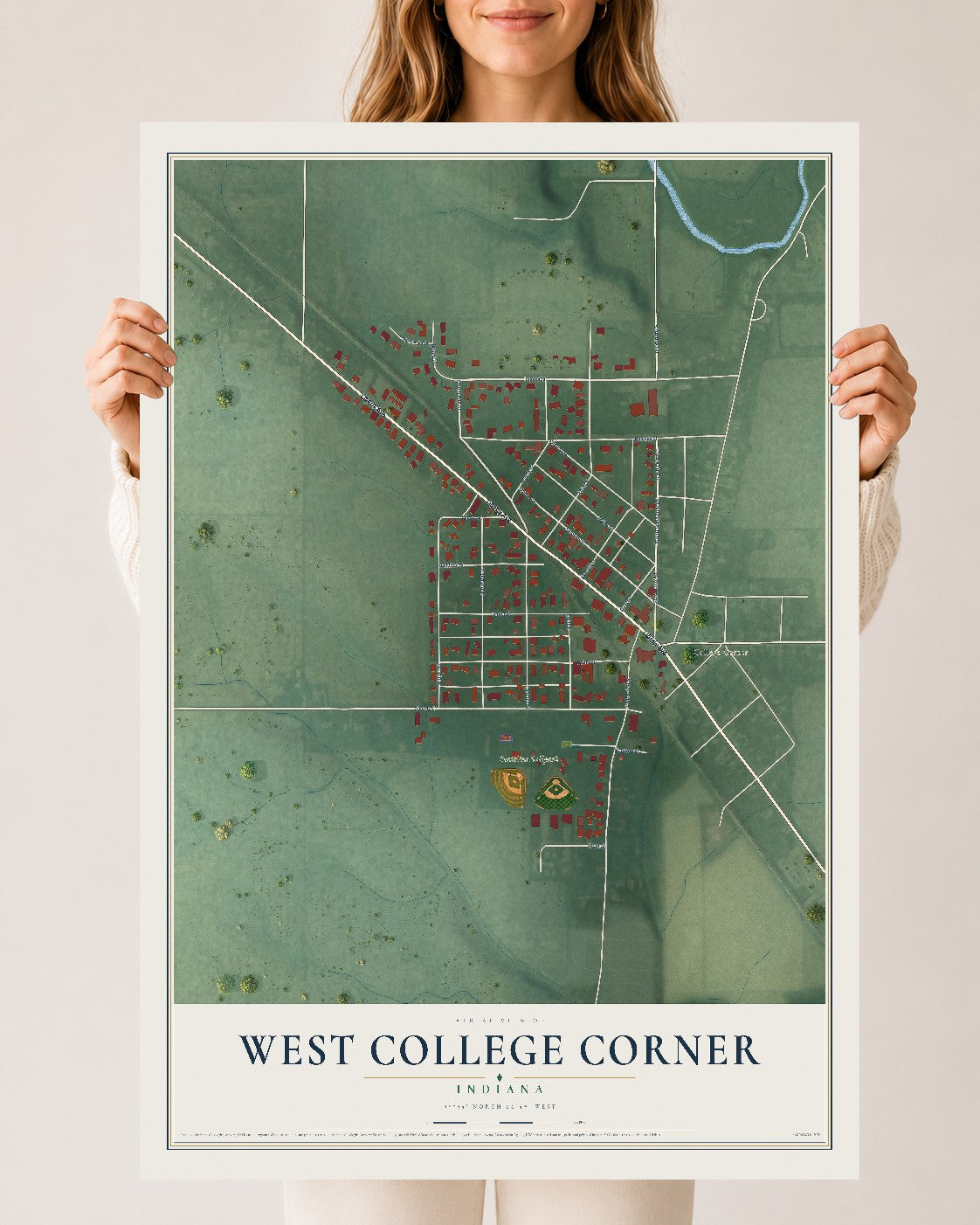 Map of West College Corner, Indiana, 24 x 36 inch unframed archival matte print