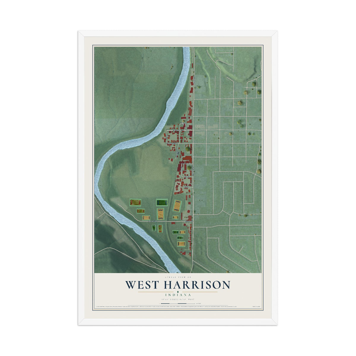 Map of West Harrison, Indiana, 12 x 18 inch print in a white wood frame