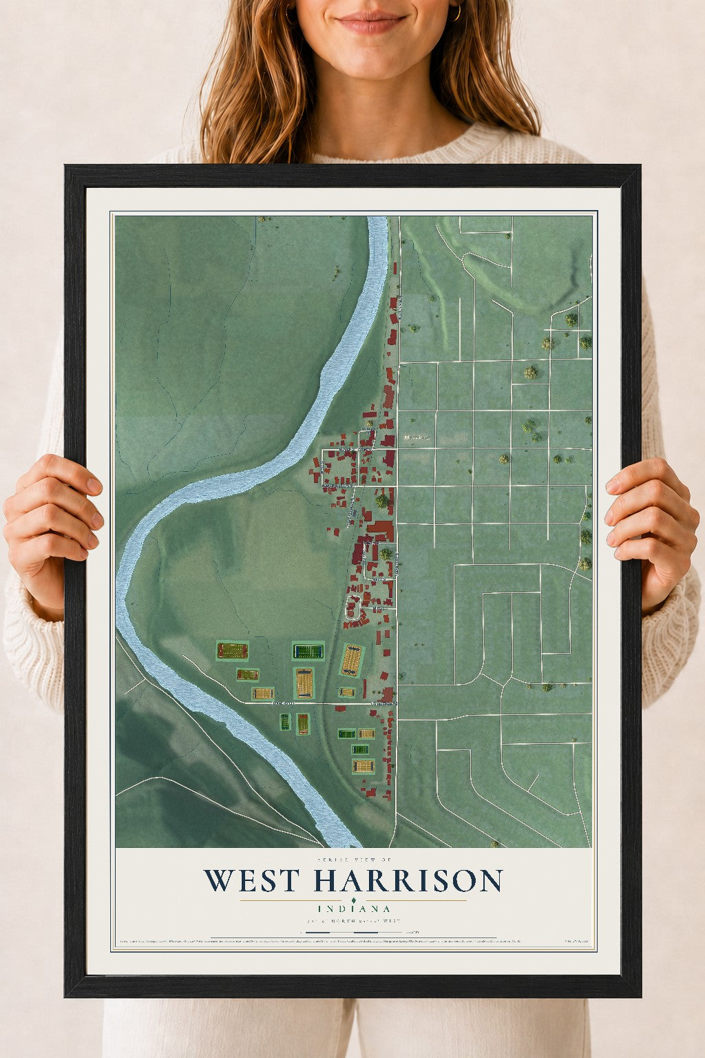 Map of West Harrison, Indiana, 18 x 24 inch print in a black wood frame