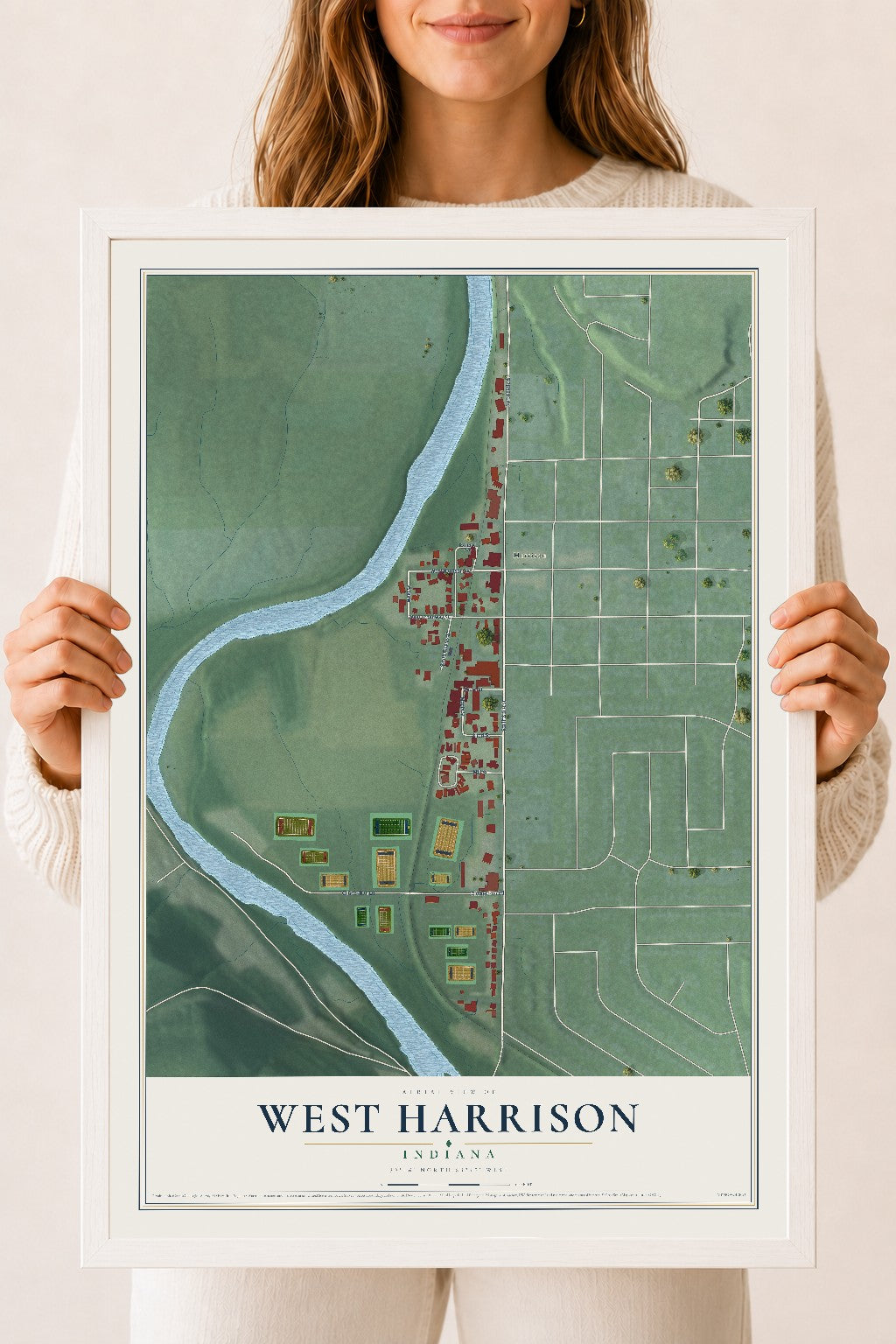 Map of West Harrison, Indiana, 18 x 24 inch print in a white wood frame