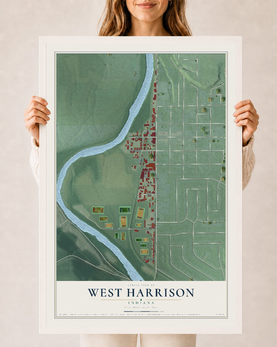 Map of West Harrison, Indiana, 24 x 36 inch print in a white wood frame