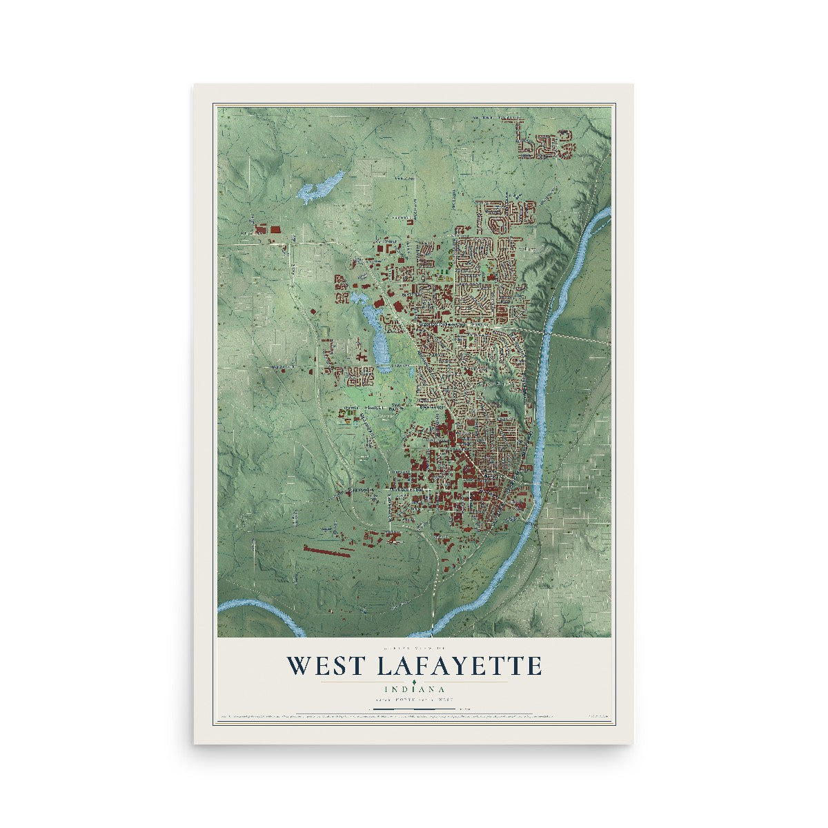 Map of West Lafayette, Indiana, 12 x 18 inch unframed archival matte print