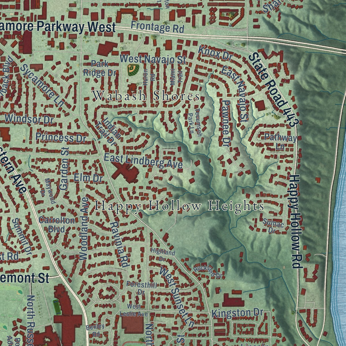 Close-up of the map of West Lafayette, Indiana print showing street and building detail