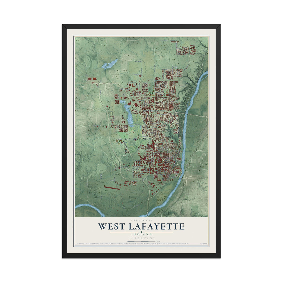 Map of West Lafayette, Indiana, 12 x 18 inch print in a black wood frame