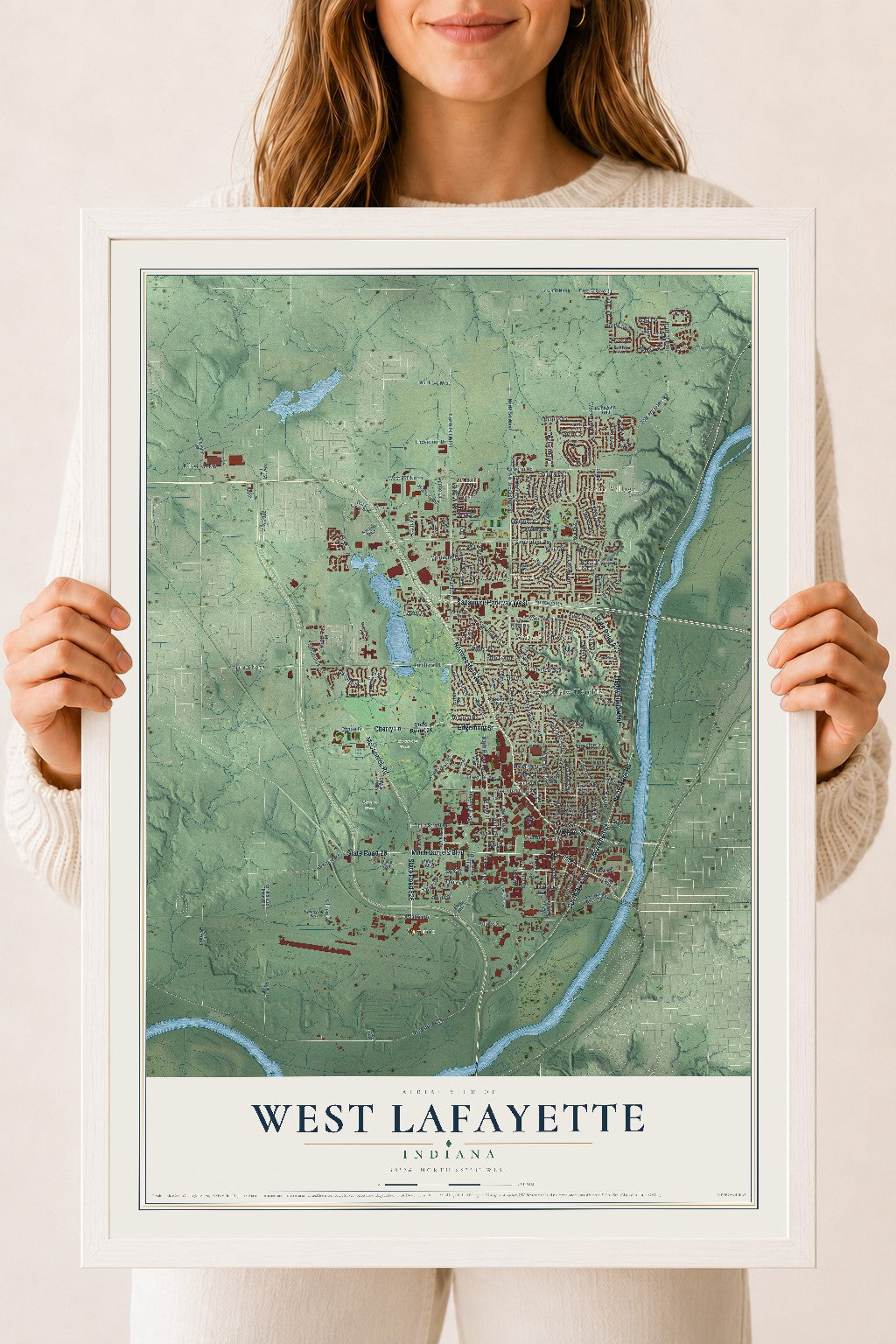 Map of West Lafayette, Indiana, 18 x 24 inch print in a white wood frame