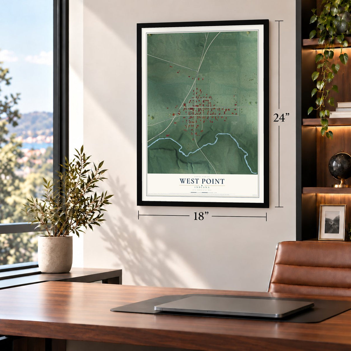 West Point, Indiana map, 18 x 24 inch print in a black frame in a home office