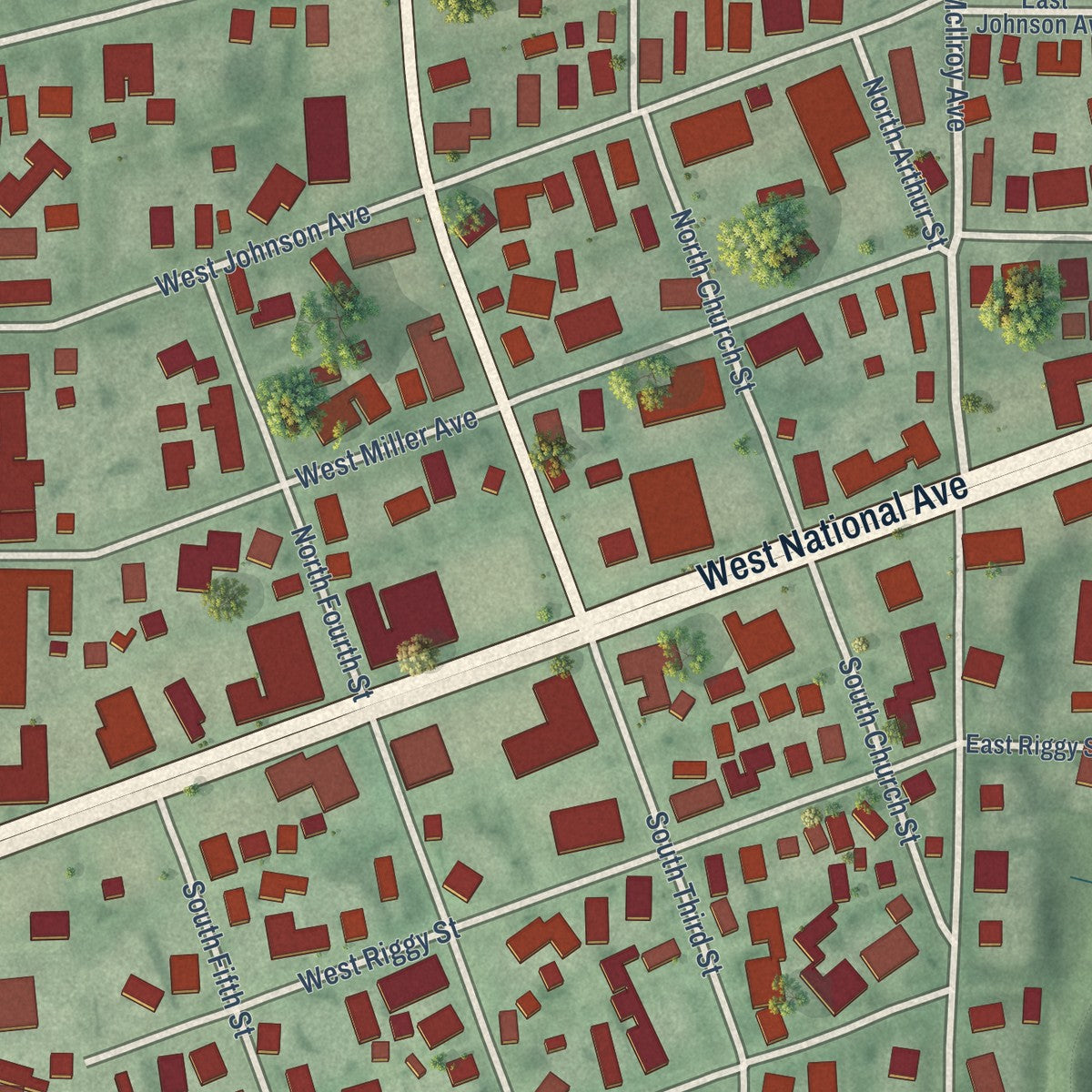 Close-up of the map of West Terre Haute, Indiana print showing street and building detail