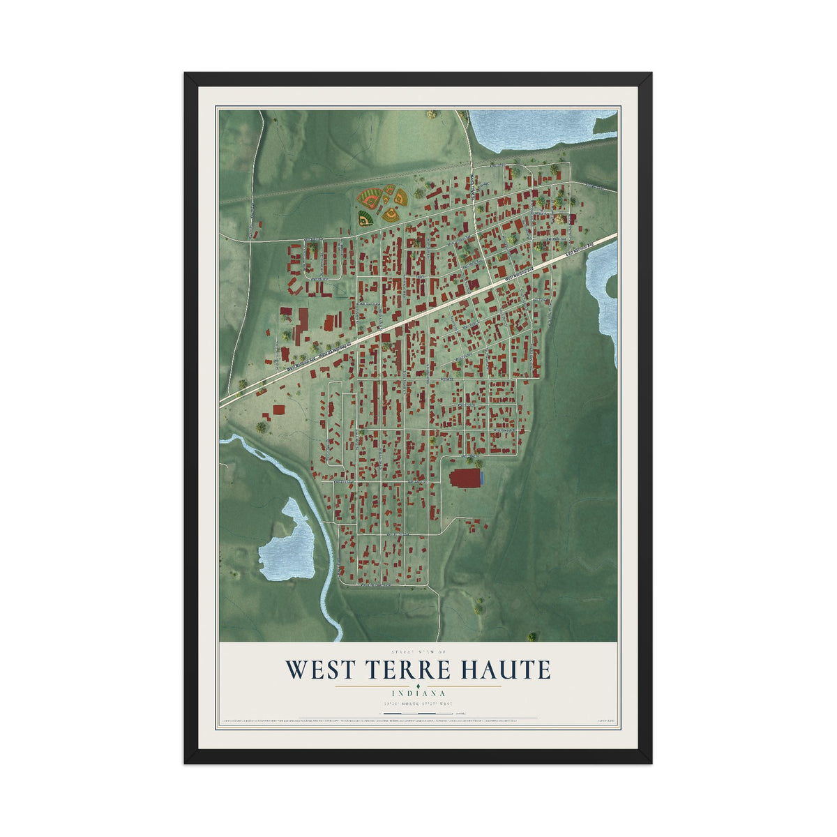 Map of West Terre Haute, Indiana, 12 x 18 inch print in a black wood frame