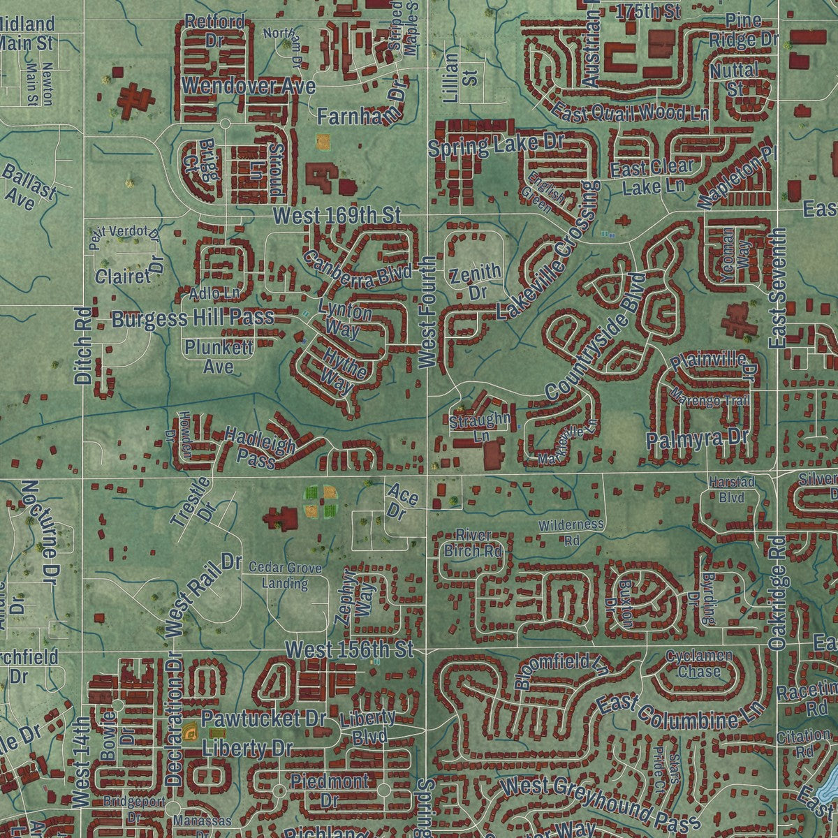 Close-up of the map of Westfield, Indiana print showing street and building detail
