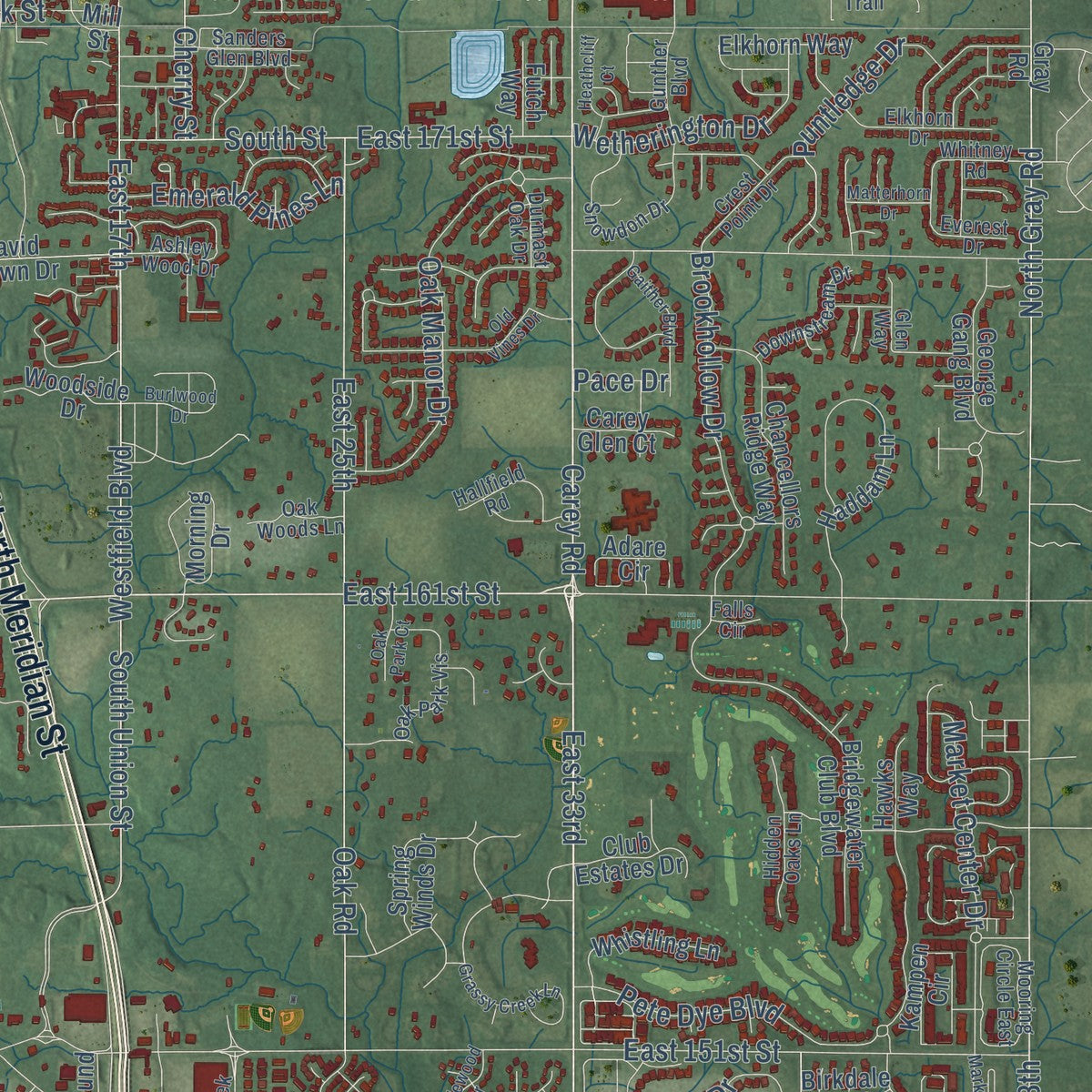 Second close-up of the map of Westfield, Indiana print showing more streets and buildings