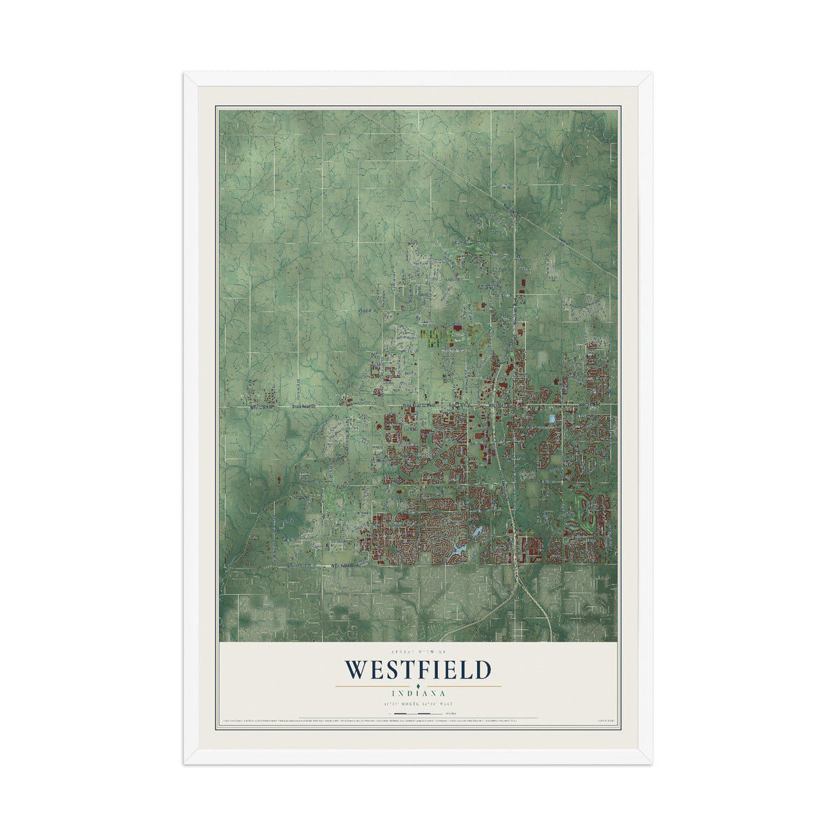 Map of Westfield, Indiana, 12 x 18 inch print in a white wood frame