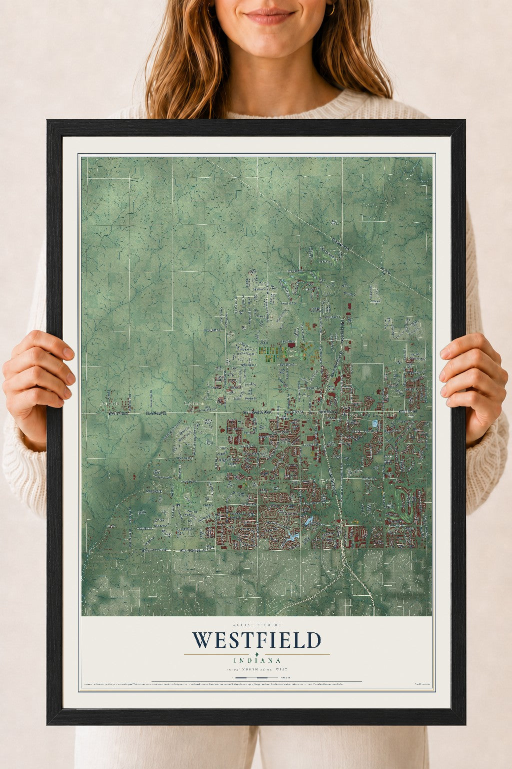 Map of Westfield, Indiana, 18 x 24 inch print in a black wood frame