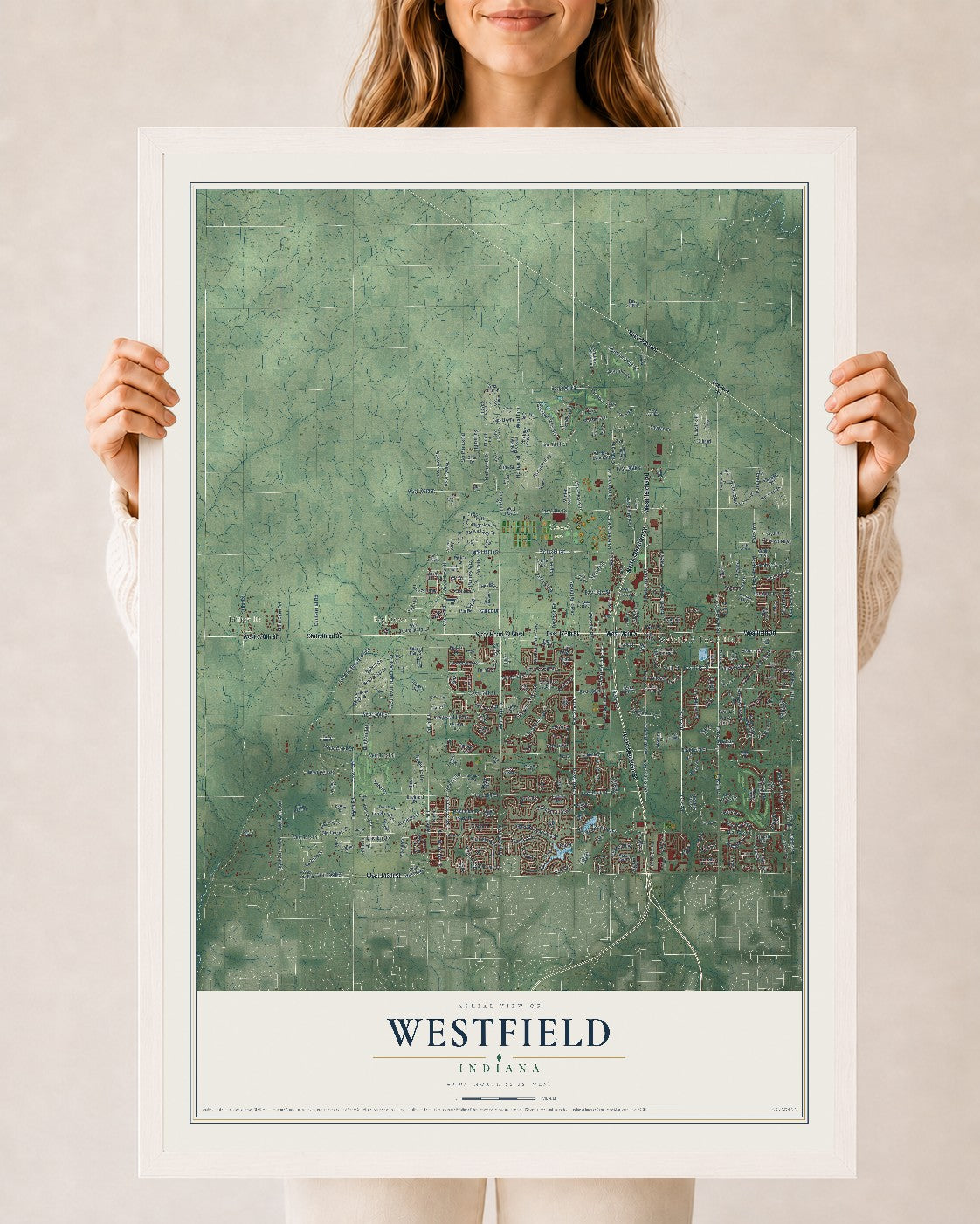 Map of Westfield, Indiana, 24 x 36 inch print in a white wood frame