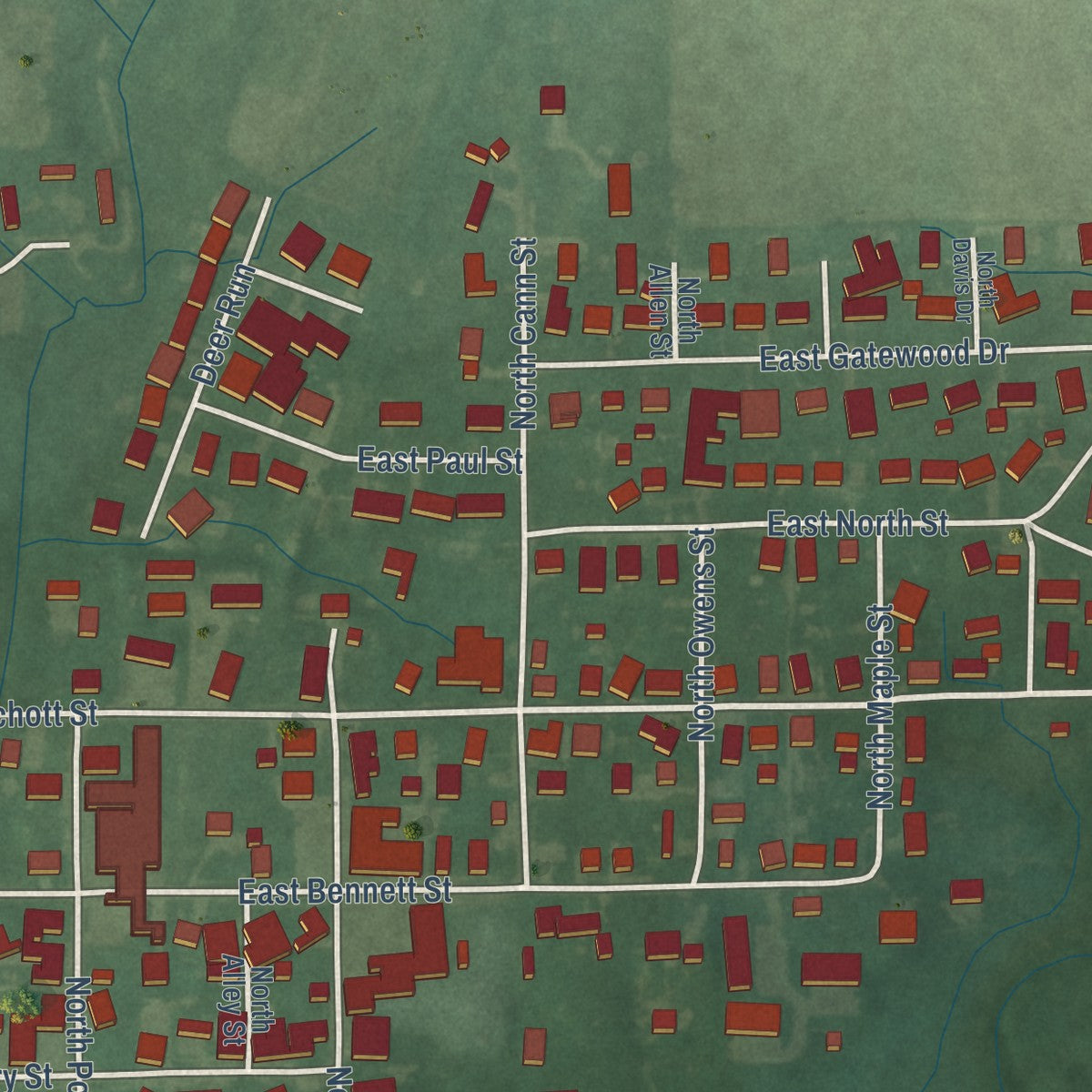 Second close-up of the map of Westport, Indiana print showing more streets and buildings