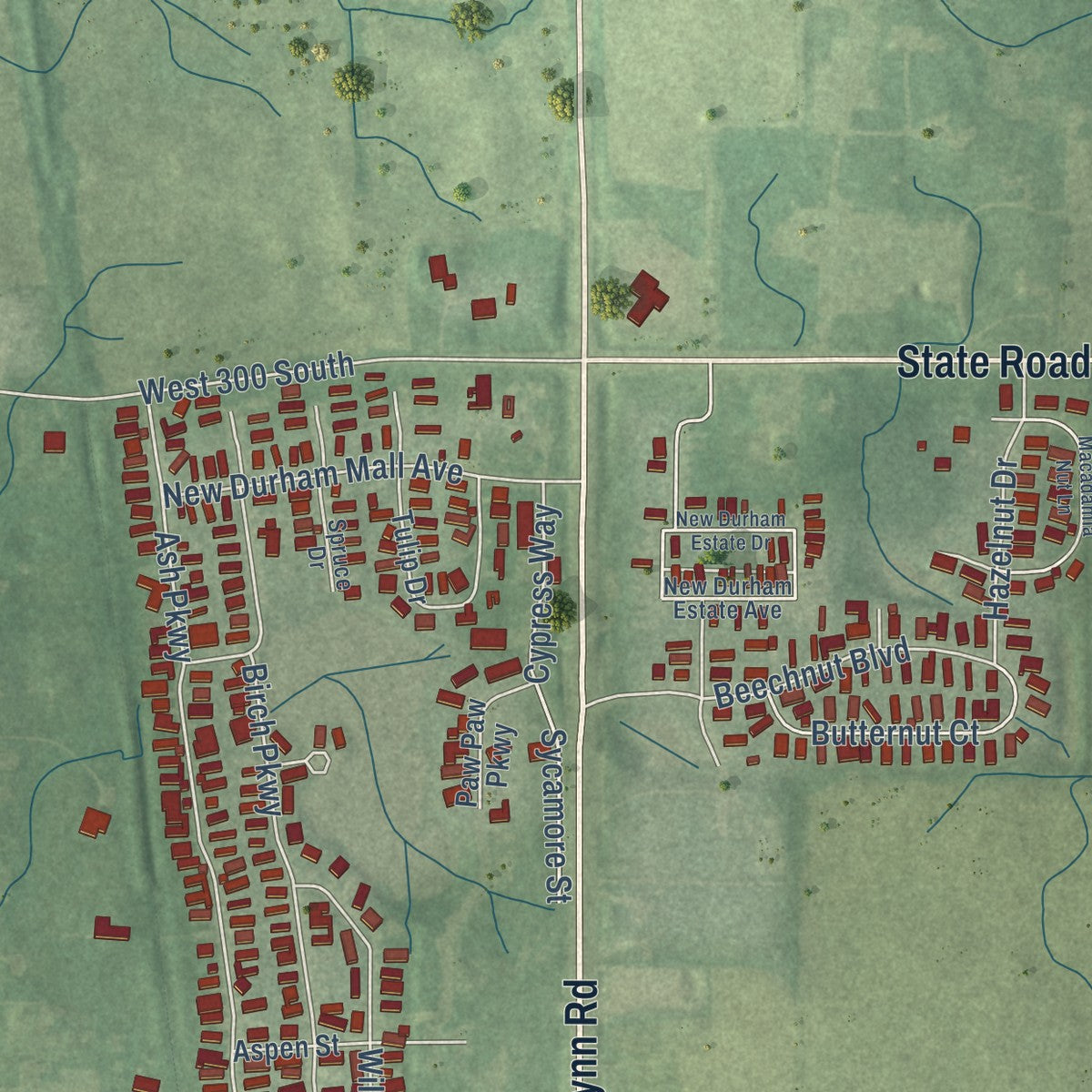 Second close-up of the map of Westville, Indiana print showing more streets and buildings