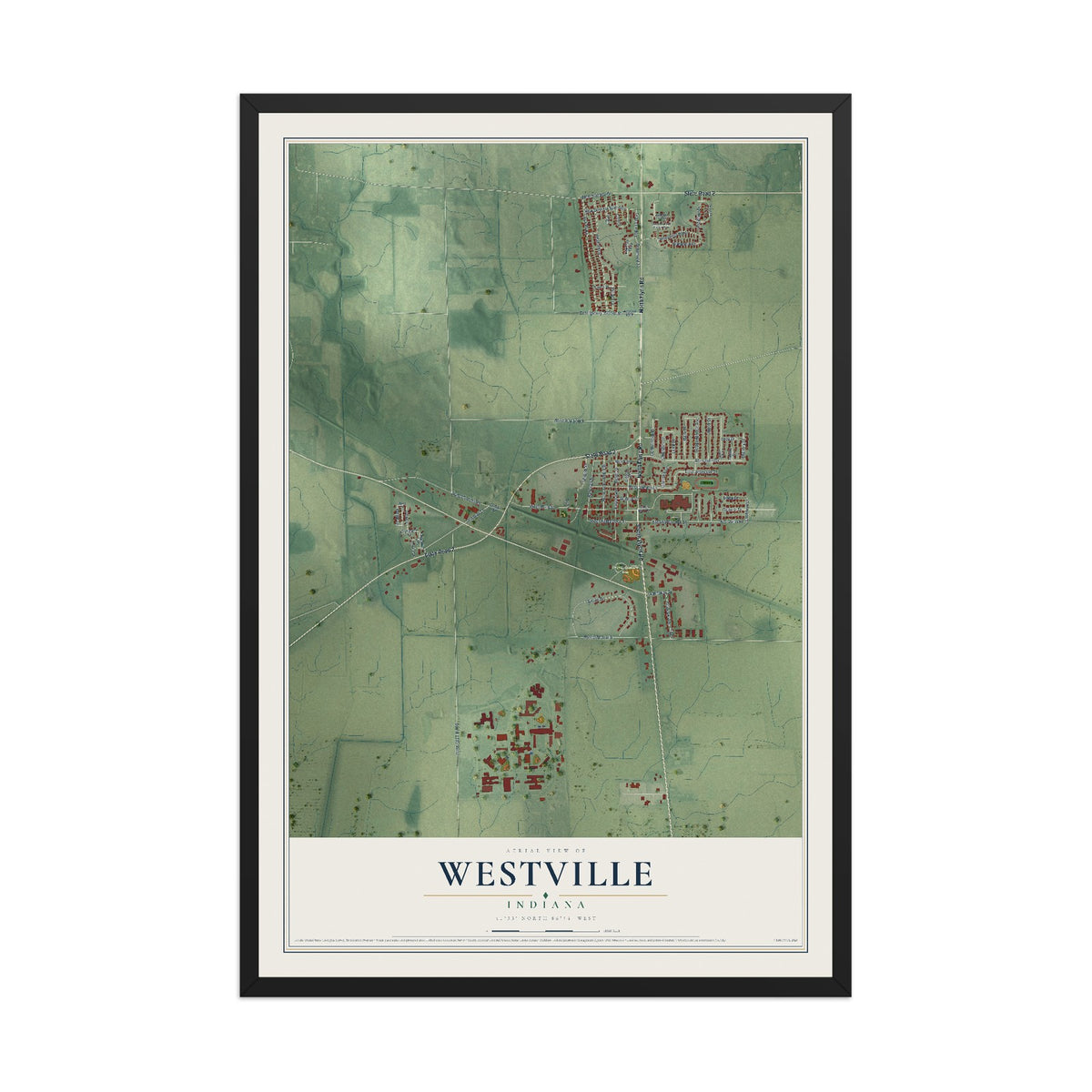Map of Westville, Indiana, 12 x 18 inch print in a black wood frame
