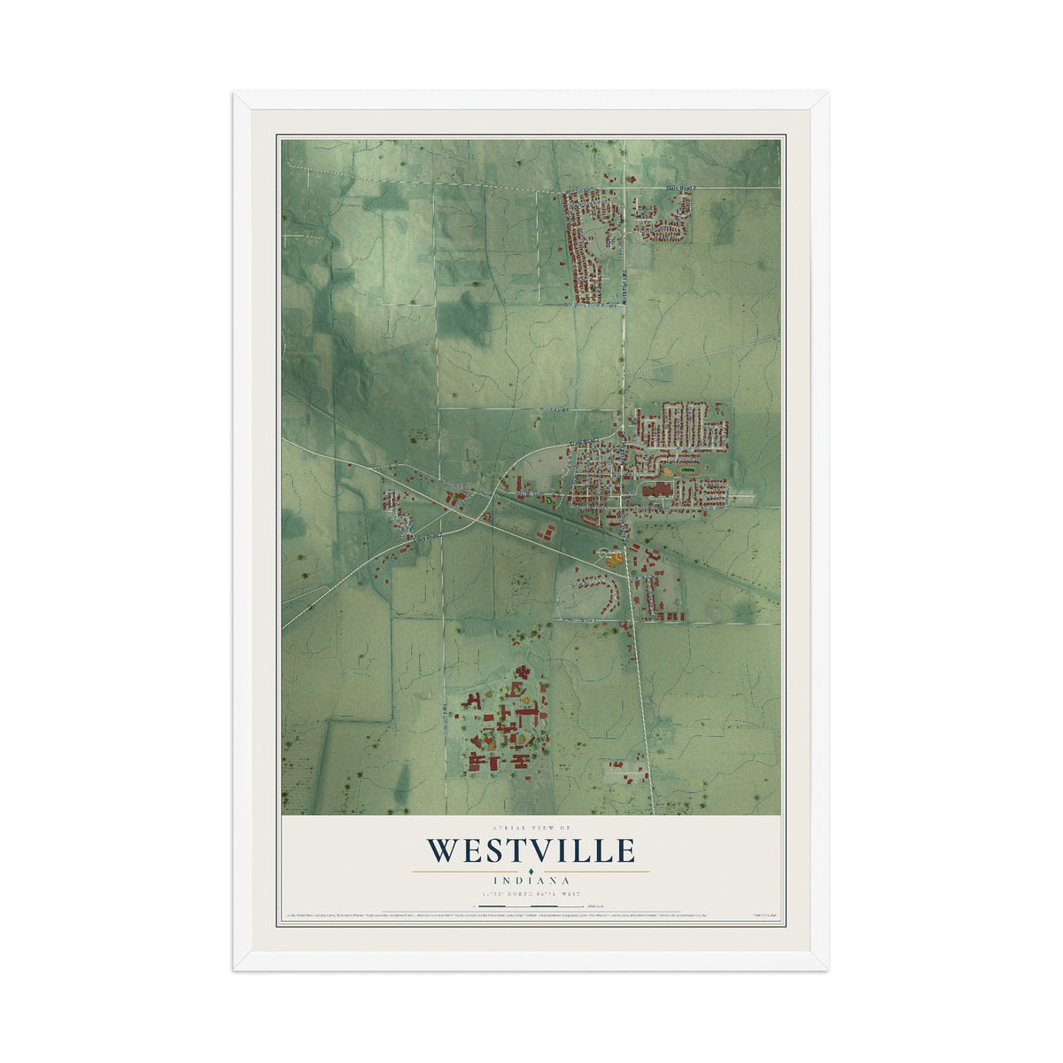 Map of Westville, Indiana, 12 x 18 inch print in a white wood frame