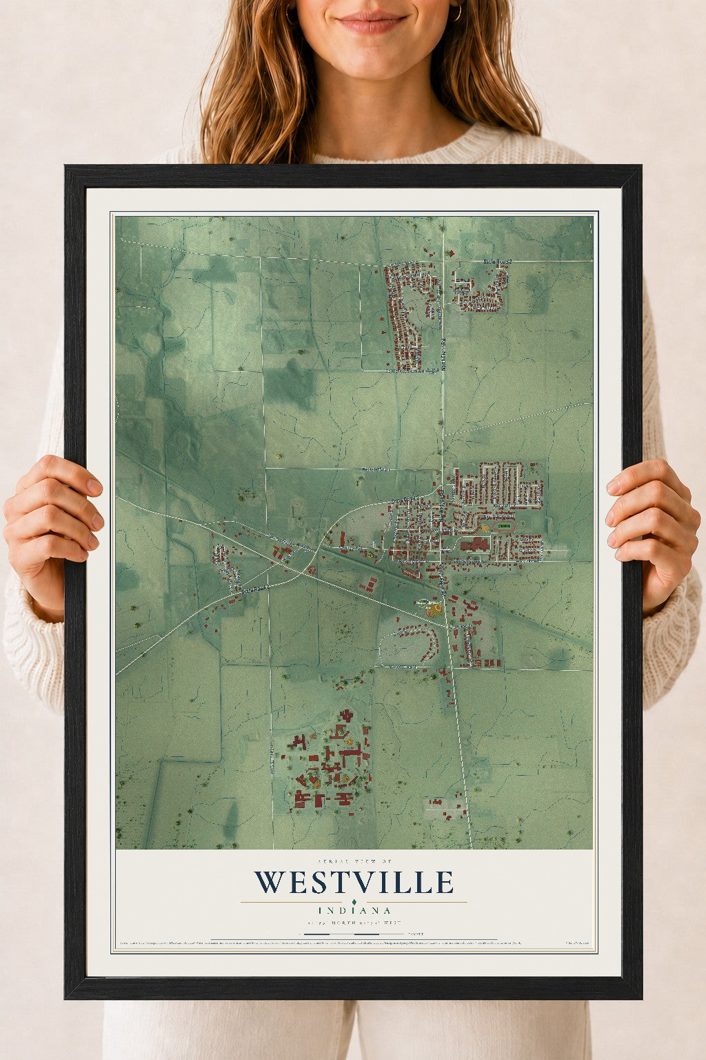 Map of Westville, Indiana, 18 x 24 inch print in a black wood frame