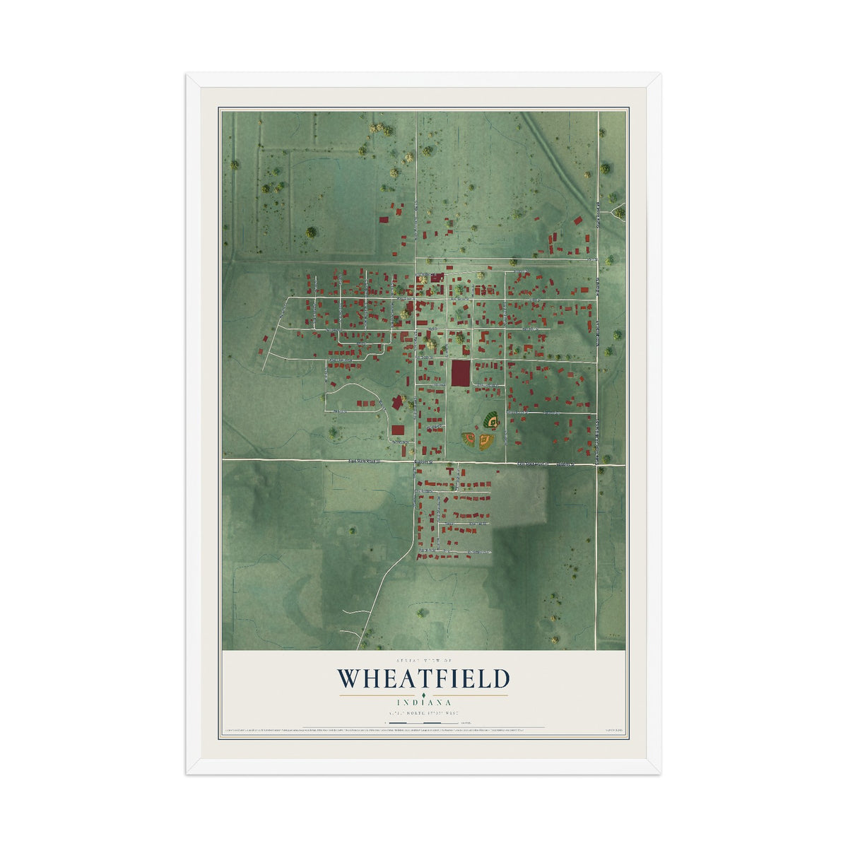 Map of Wheatfield, Indiana, 12 x 18 inch print in a white wood frame