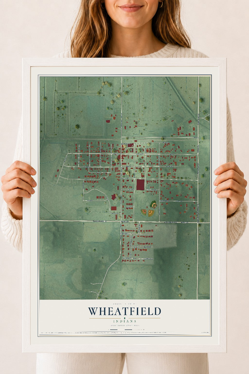 Map of Wheatfield, Indiana, 18 x 24 inch print in a white wood frame