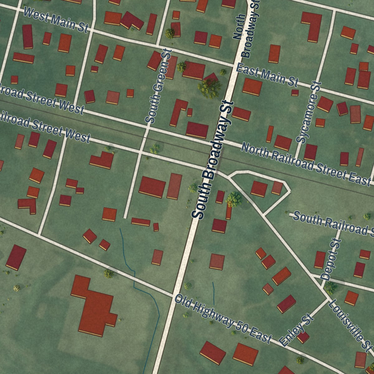 Close-up of the map of Wheatland, Indiana print showing street and building detail