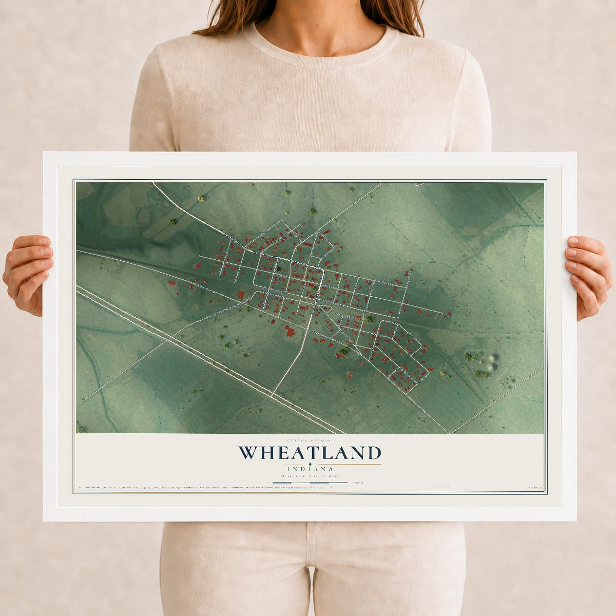 Map of Wheatland, Indiana, 12 x 18 inch print in a white wood frame