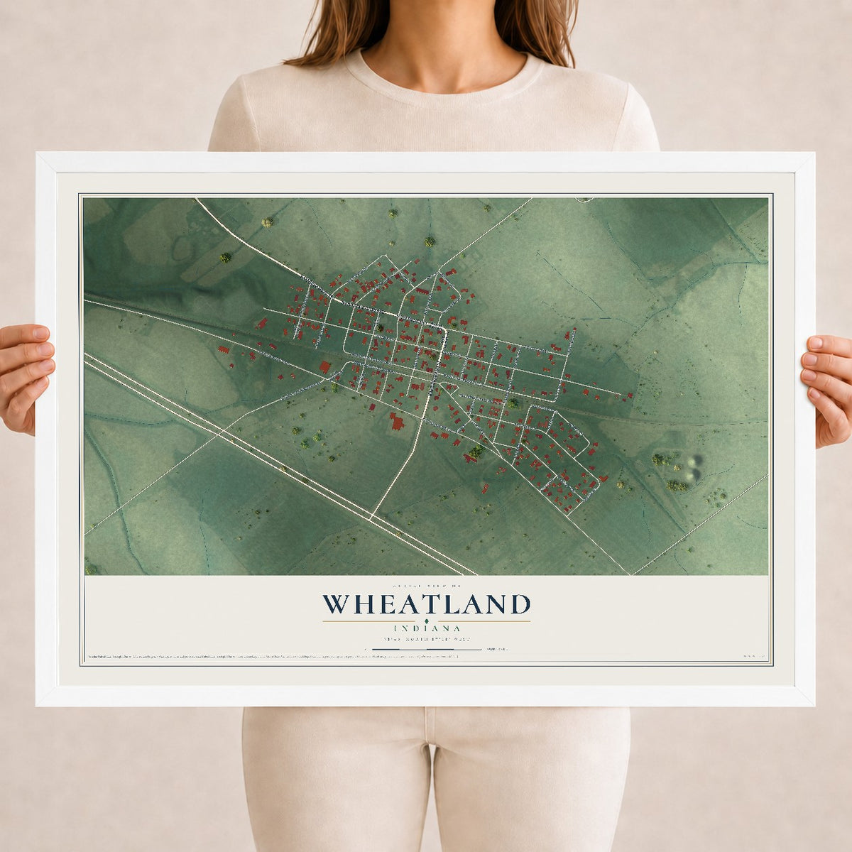 Map of Wheatland, Indiana, 18 x 24 inch print in a white wood frame