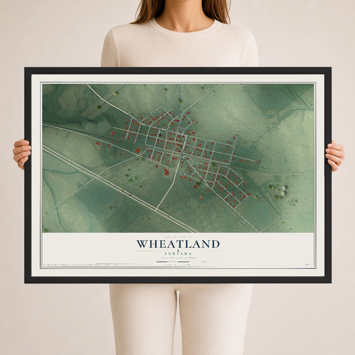 Map of Wheatland, Indiana, 24 x 36 inch print in a black wood frame