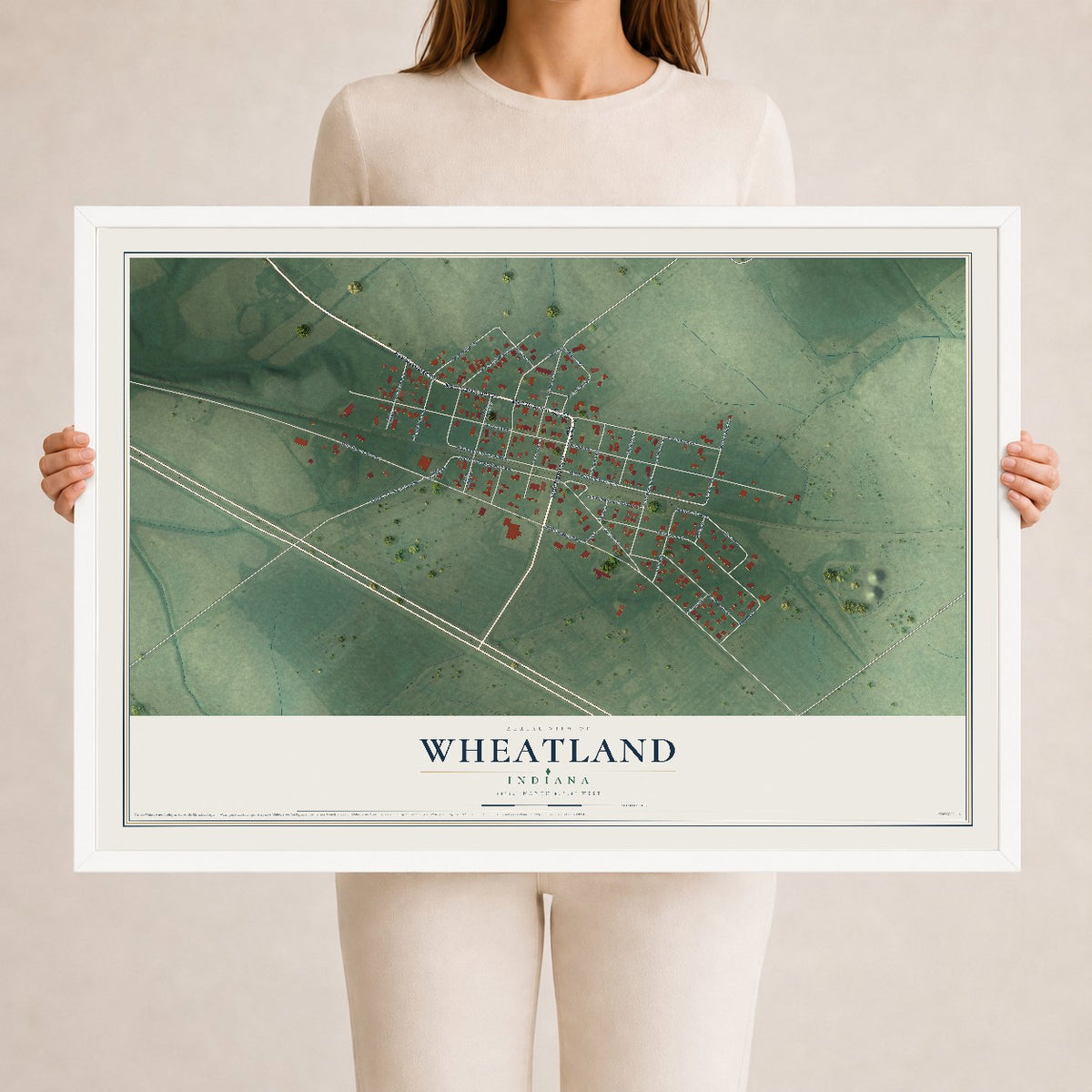 Map of Wheatland, Indiana, 24 x 36 inch print in a white wood frame