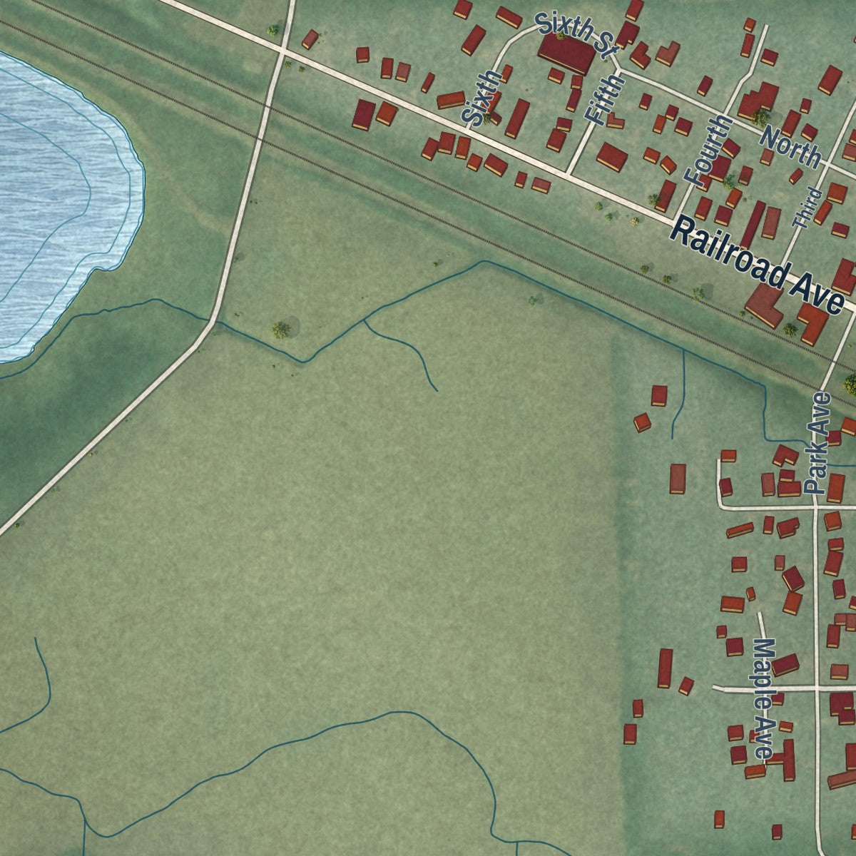 Close-up of the map of Wheeler, Indiana print showing street and building detail