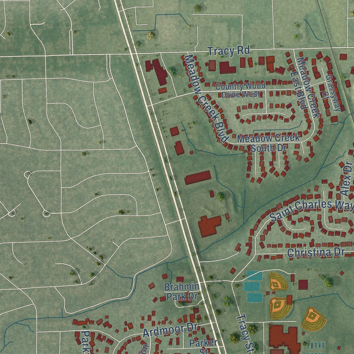 Close-up of the map of Whiteland, Indiana print showing street and building detail