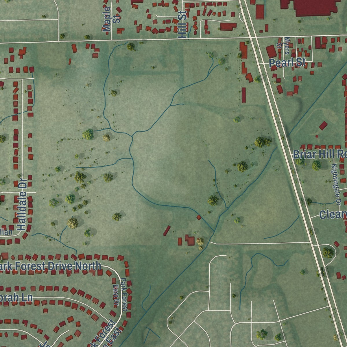 Second close-up of the map of Whiteland, Indiana print showing more streets and buildings