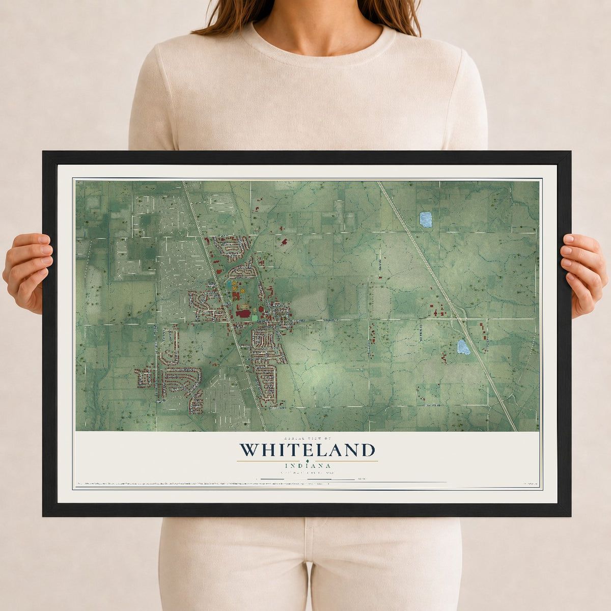 Map of Whiteland, Indiana, 12 x 18 inch print in a black wood frame