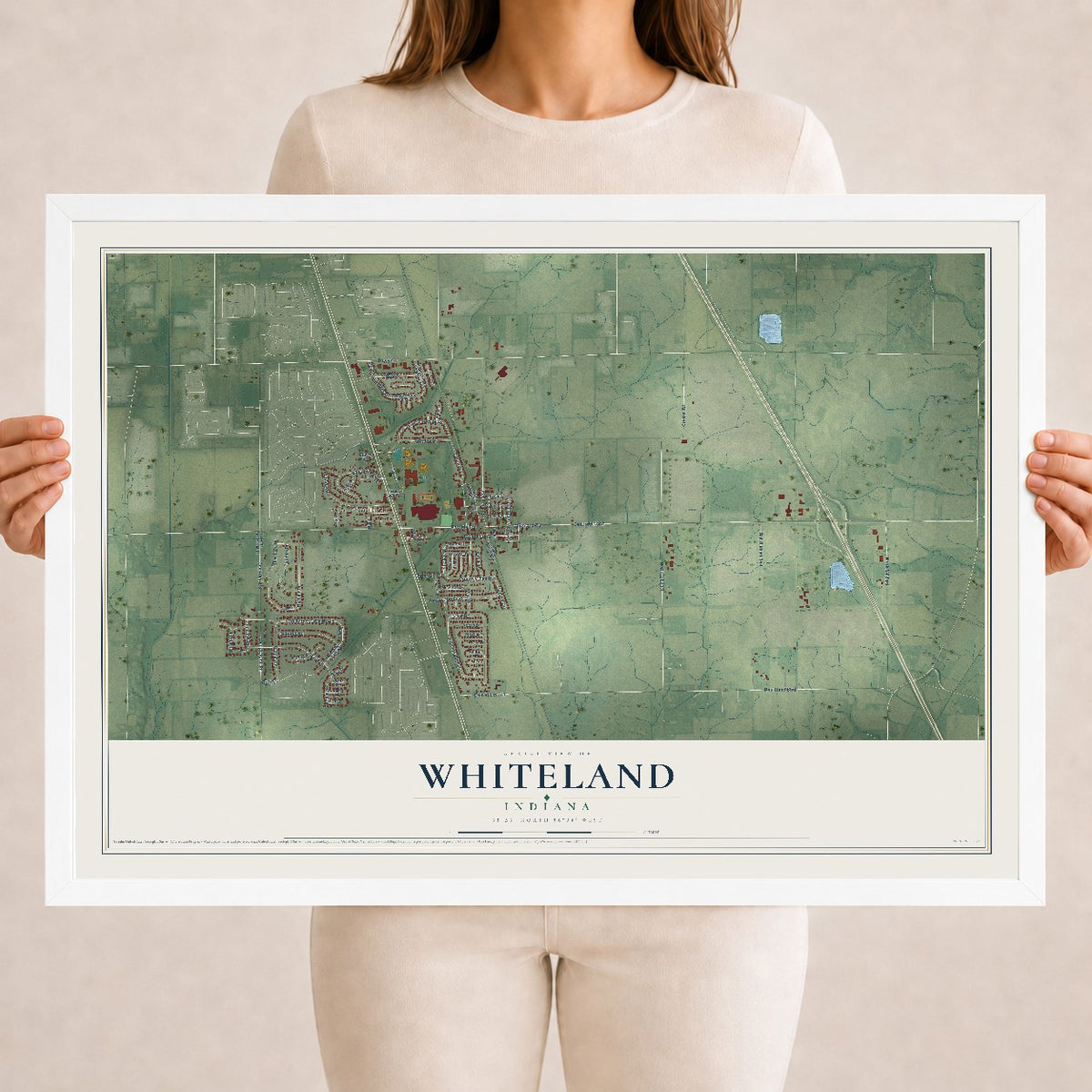 Map of Whiteland, Indiana, 18 x 24 inch print in a white wood frame