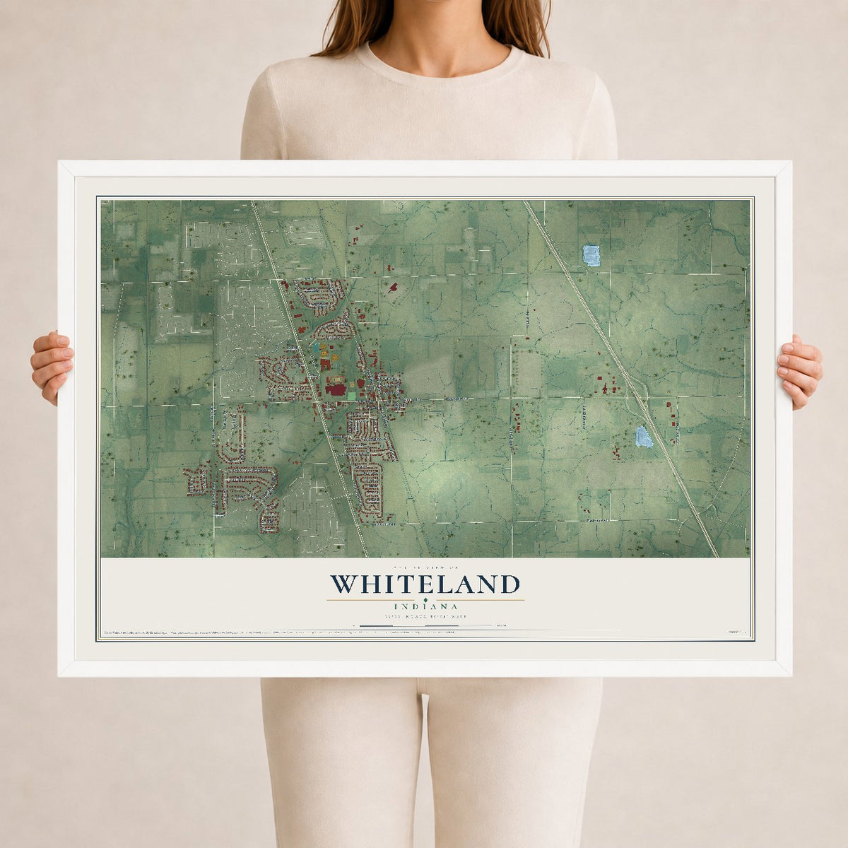 Map of Whiteland, Indiana, 24 x 36 inch print in a white wood frame