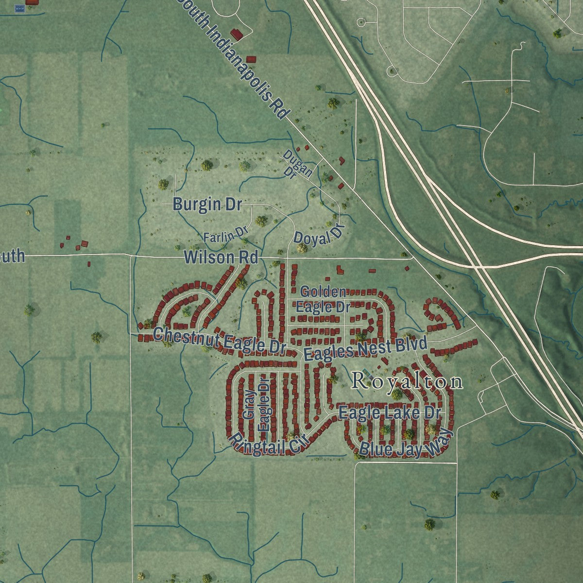 Close-up of the map of Whitestown, Indiana print showing street and building detail
