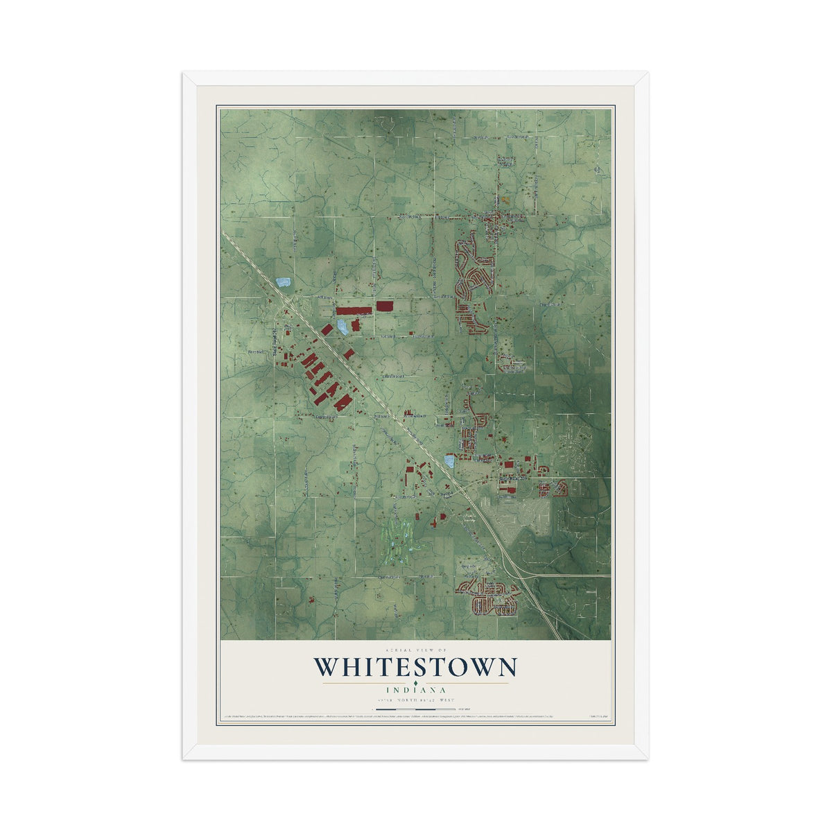 Map of Whitestown, Indiana, 12 x 18 inch print in a white wood frame