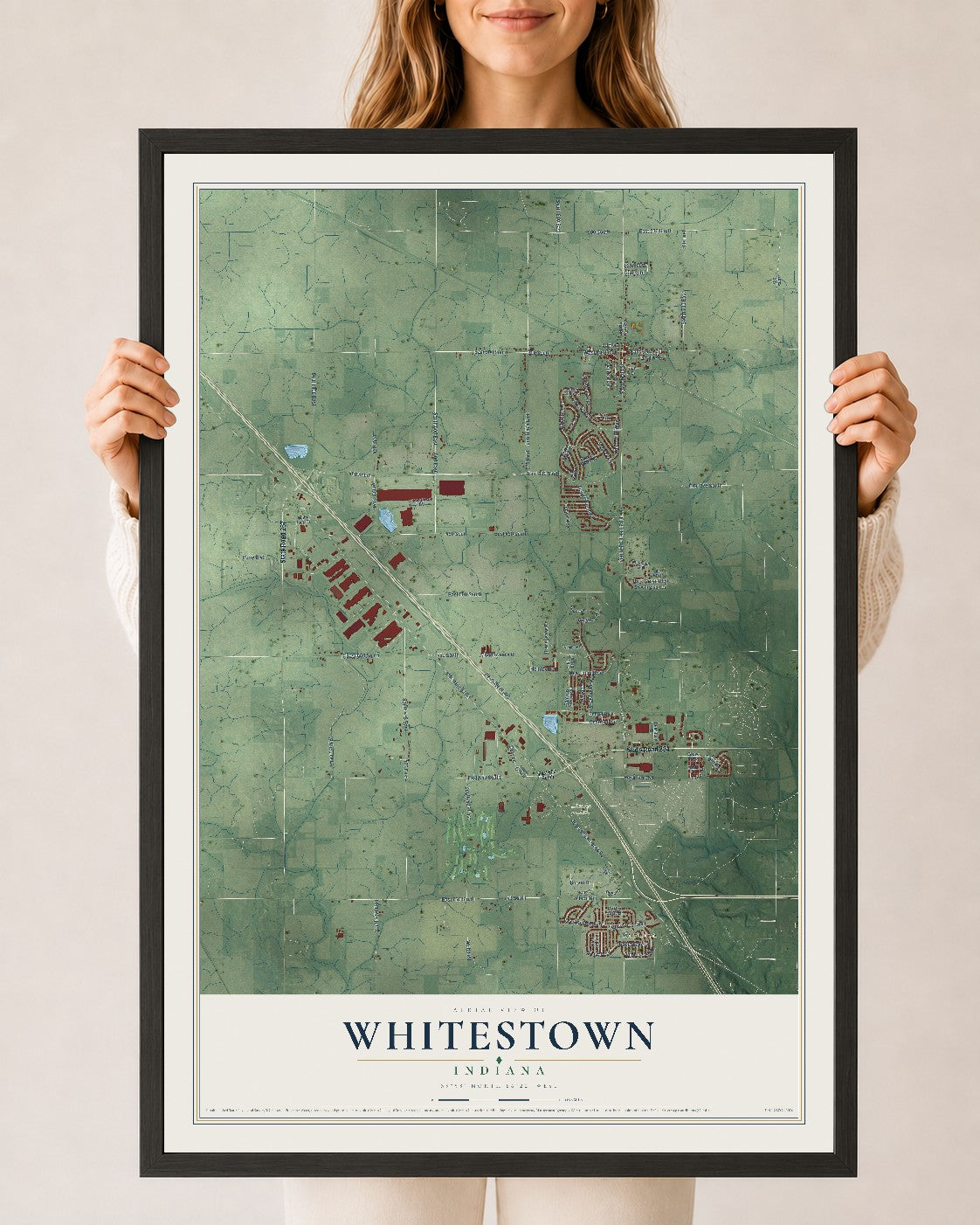 Map of Whitestown, Indiana, 24 x 36 inch print in a black wood frame