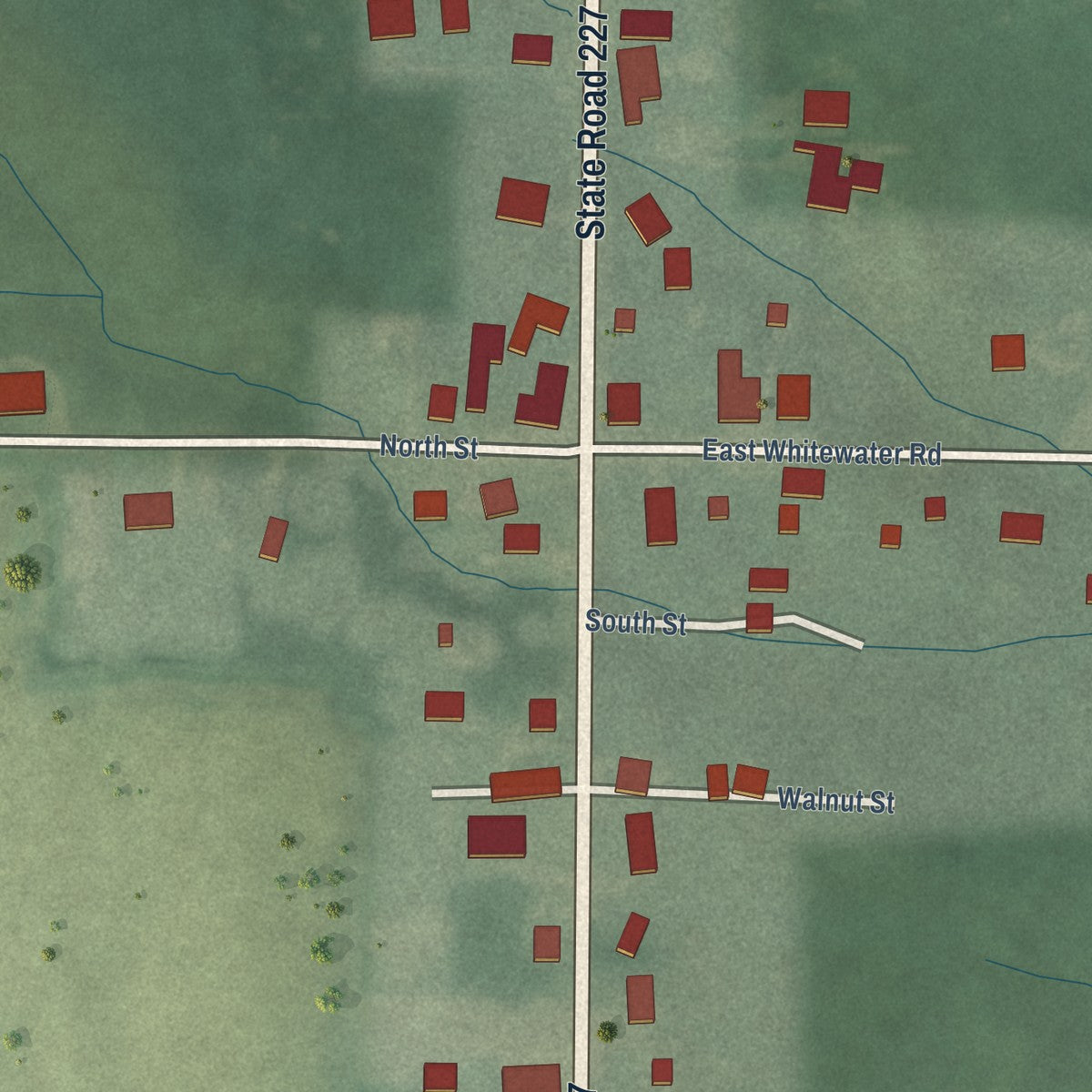 Close-up of the map of Whitewater, Indiana print showing street and building detail