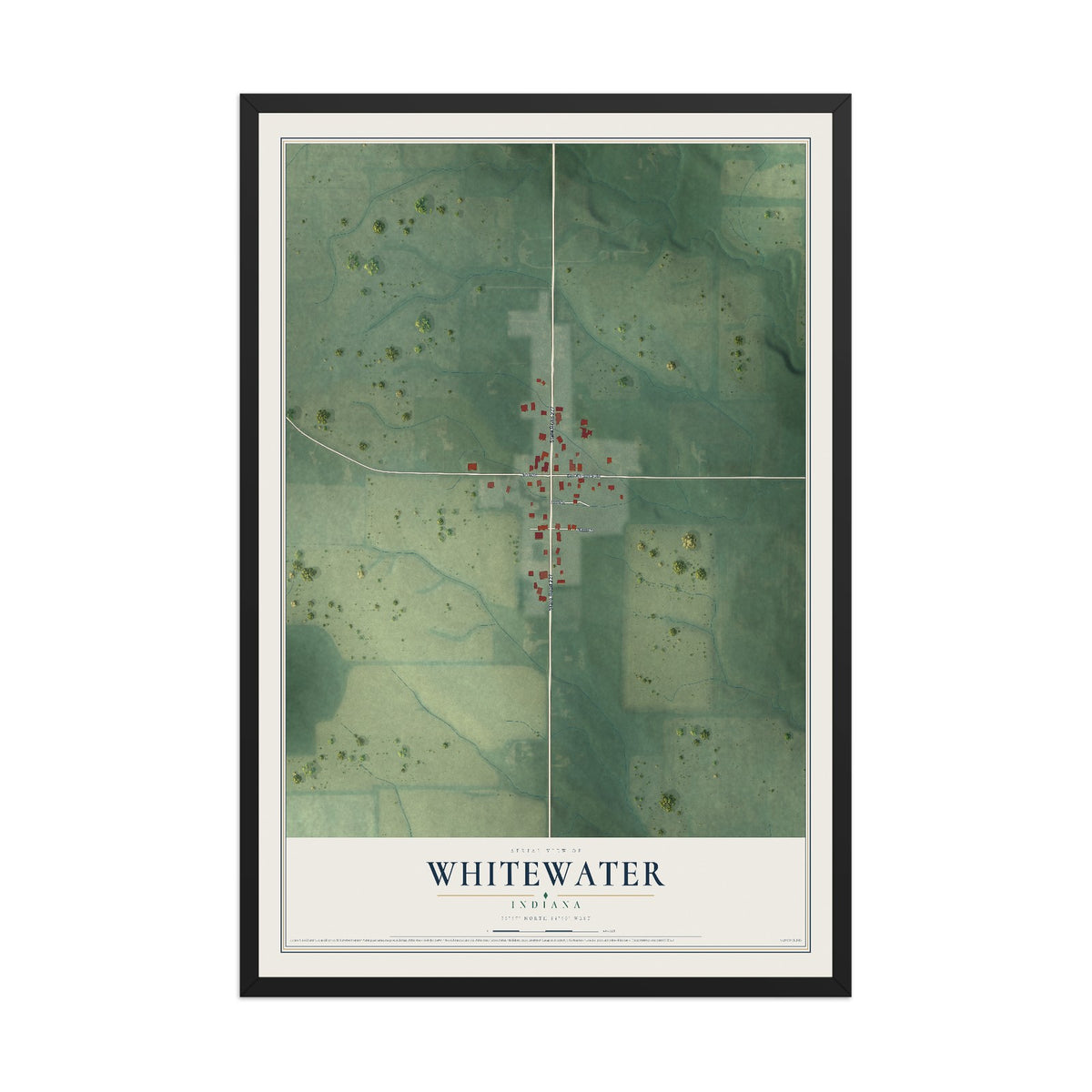 Map of Whitewater, Indiana, 12 x 18 inch print in a black wood frame