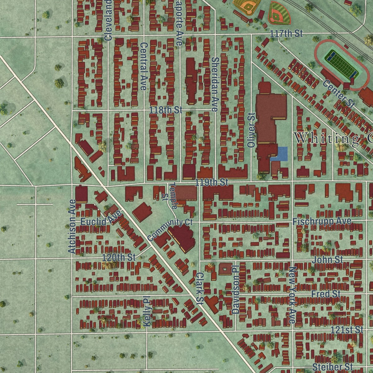 Close-up of the map of Whiting, Indiana print showing street and building detail