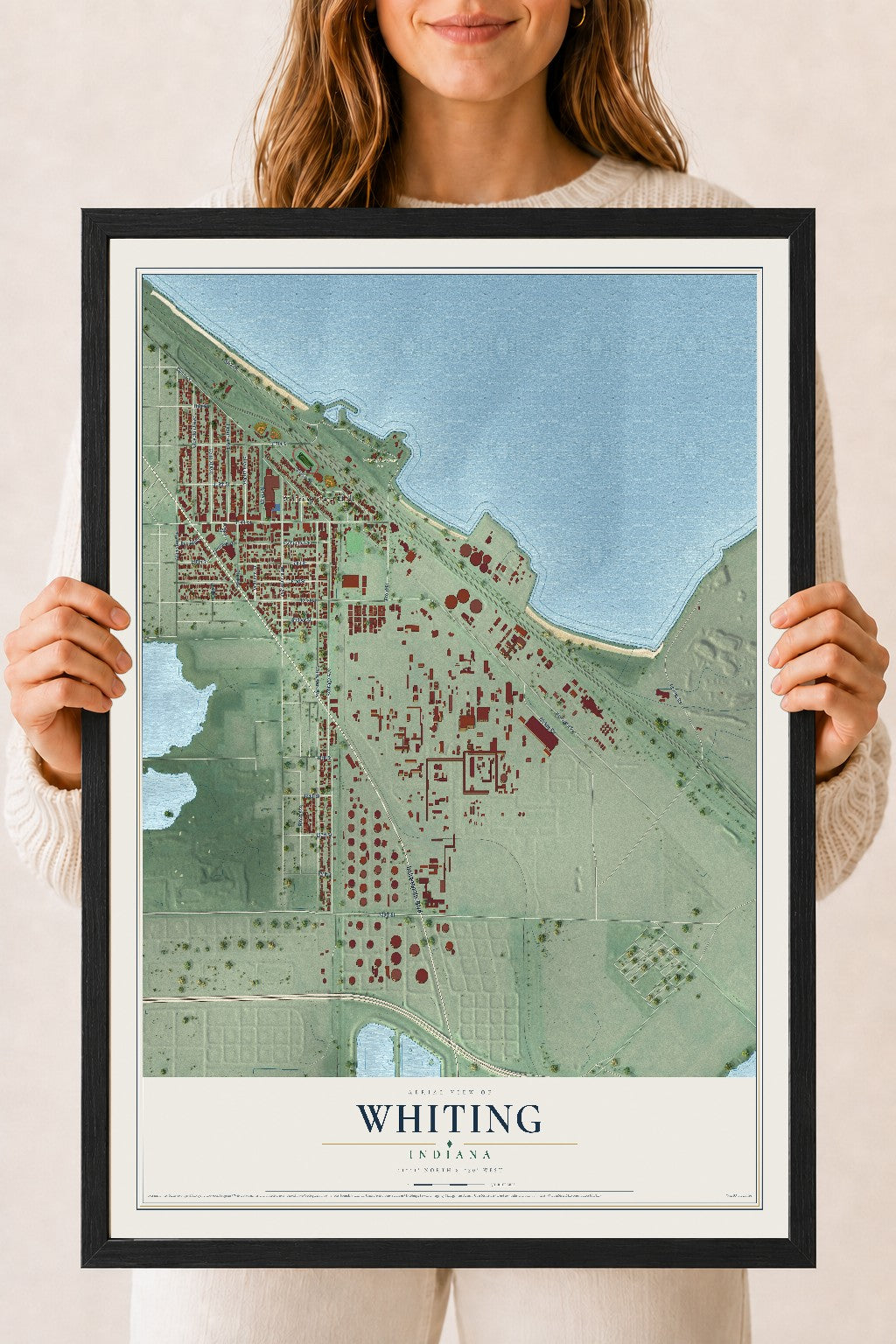 Map of Whiting, Indiana, 18 x 24 inch print in a black wood frame
