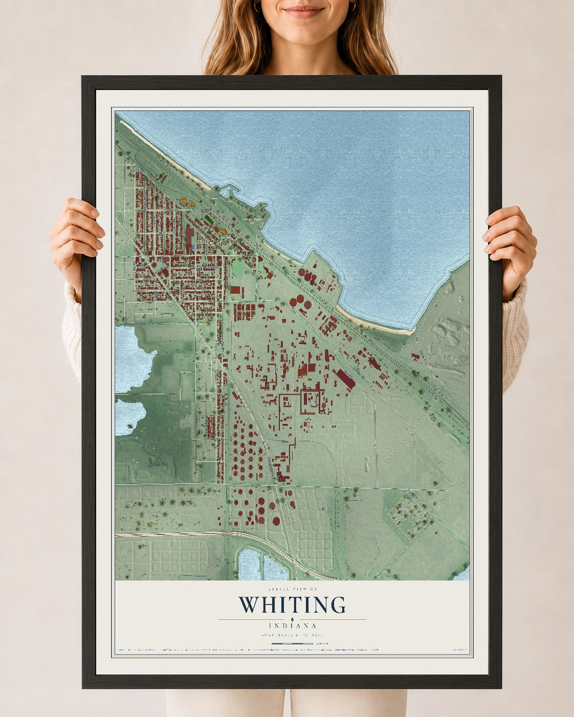Map of Whiting, Indiana, 24 x 36 inch print in a black wood frame
