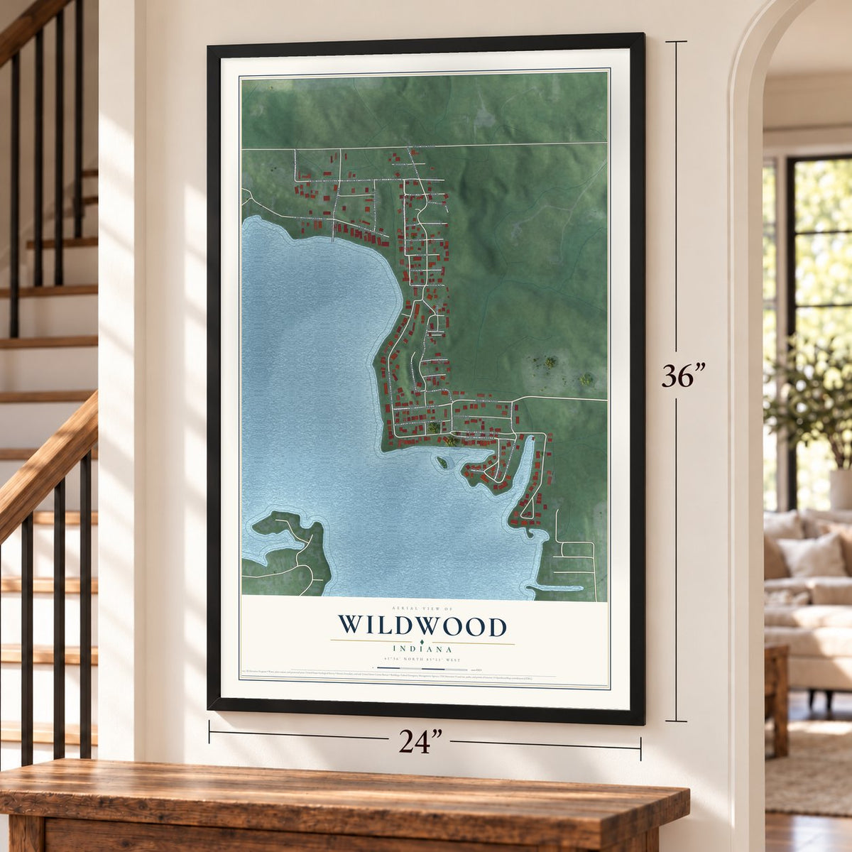 Wildwood, Indiana map, 24 x 36 inch print in a black frame by a staircase