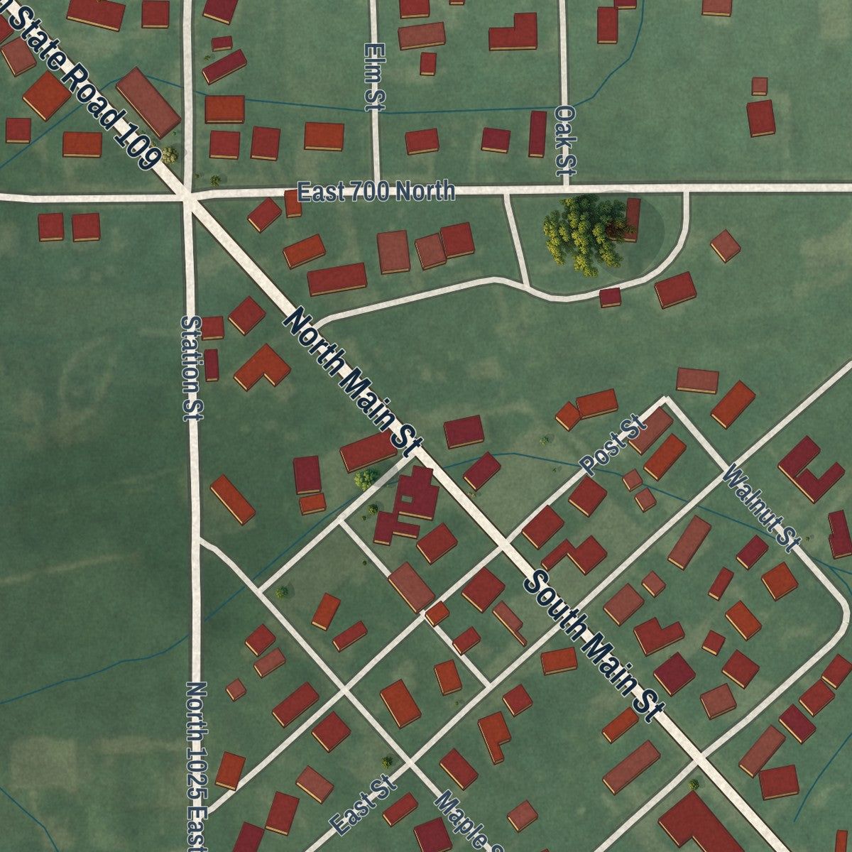 Close-up of the map of Wilkinson, Indiana print showing street and building detail