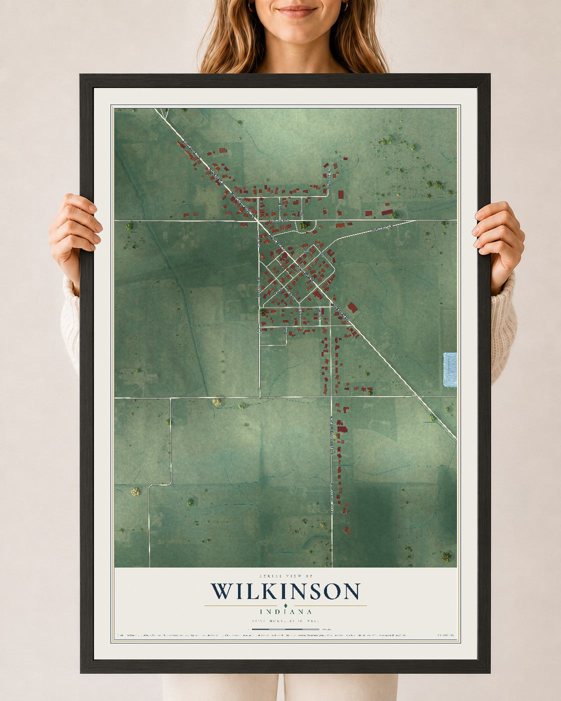 Map of Wilkinson, Indiana, 24 x 36 inch print in a black wood frame