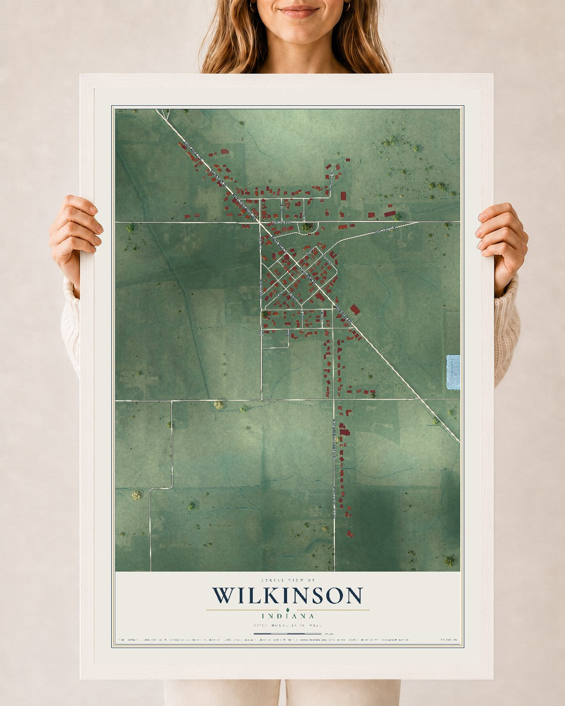 Map of Wilkinson, Indiana, 24 x 36 inch print in a white wood frame