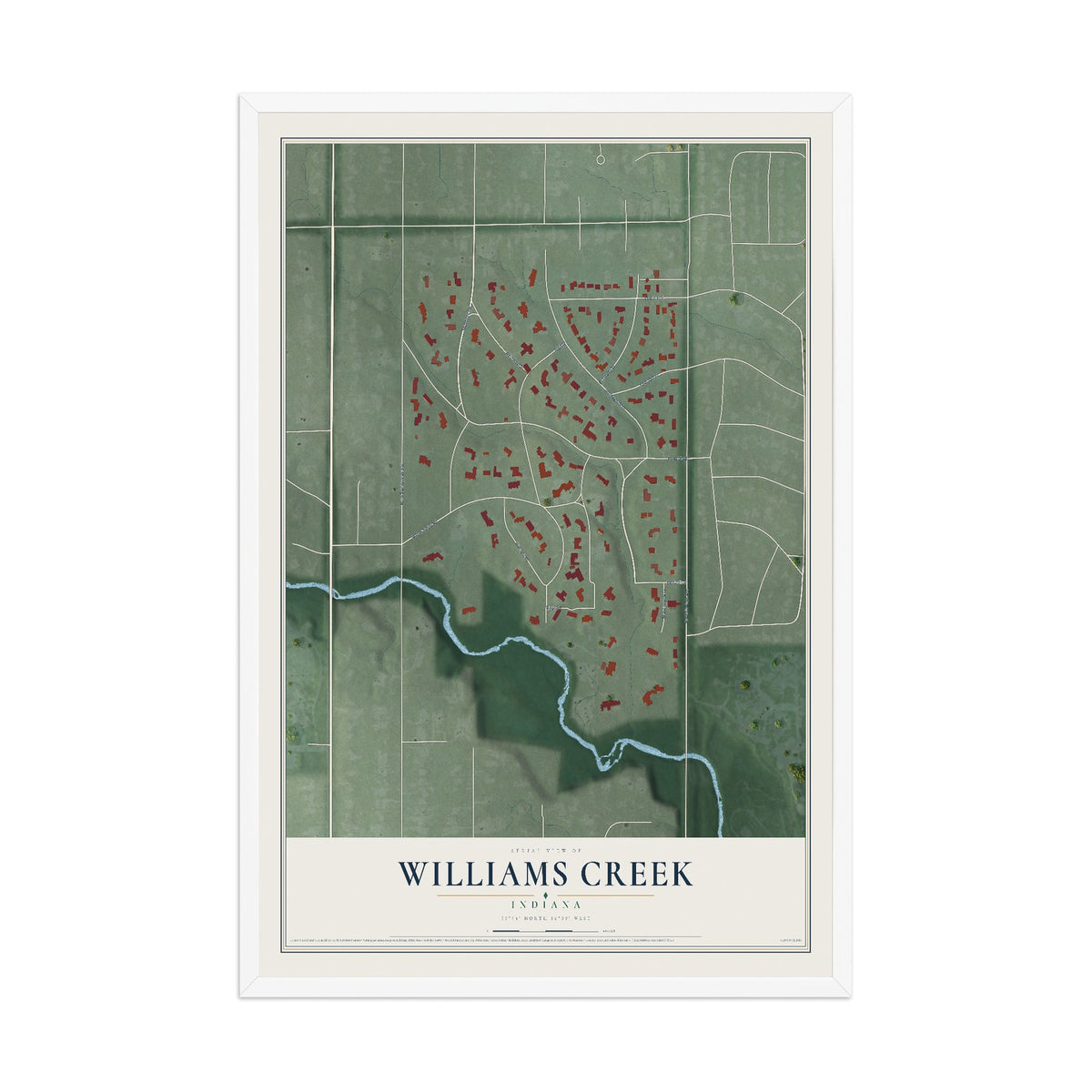 Map of Williams Creek, Indiana, 12 x 18 inch print in a white wood frame