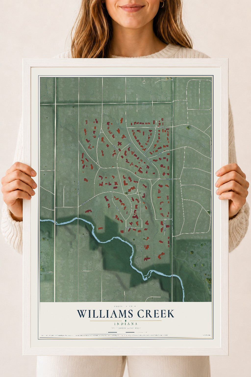 Map of Williams Creek, Indiana, 18 x 24 inch print in a white wood frame